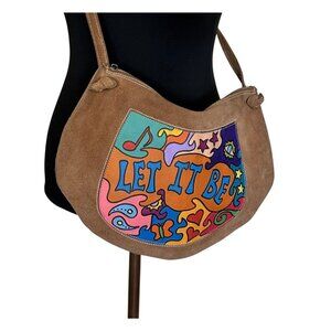 Womens Brown Suede Crossbody Bag Let it Be Psychedelic Design Artisan Music
